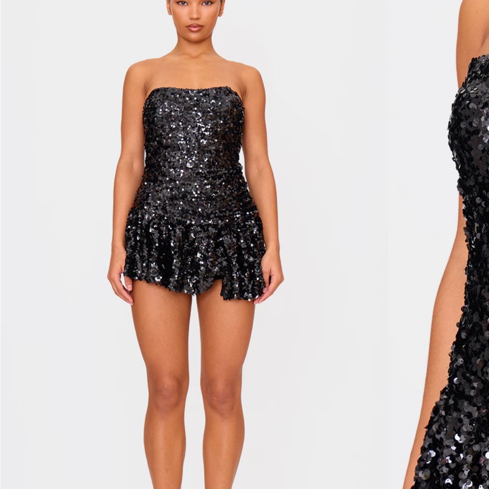 BLACK SEQUIN BANDEAU PLEATED SKORT ROMPER